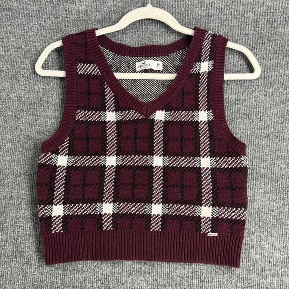 Hollister Sweater Vest Womens Medium Burgundy Plaid Cropped Preppy Academia